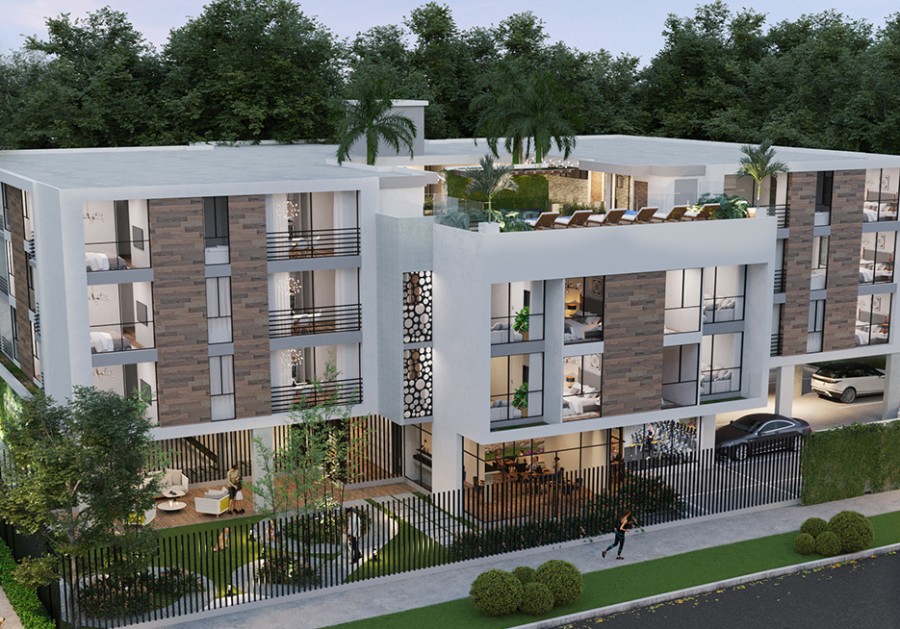 Balmoral Gardens features 34 apartments with one- and two-bedroom layouts, with ground-floor parking, a rooftop swimming pool, and fitness gym.