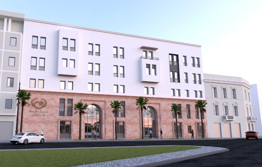 The new Benghazi headquarters of the Wahda Bank features?five floors with offices and customer areas, and a basement floor for the bank safe and safety deposit boxes.